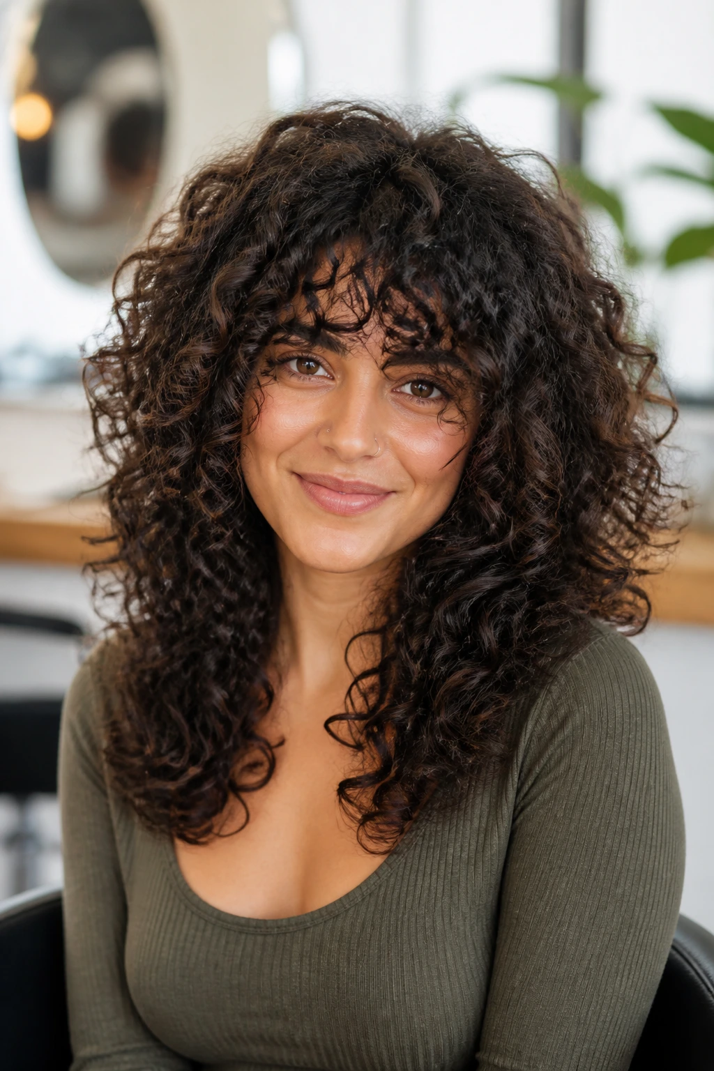 Close-up of a real woman with curly layered haircut following curl pattern in a warm salon
