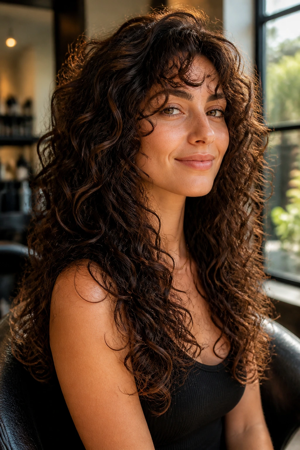 Close-up portrait of a real woman with long curly hair showing crown lift and layered silhouette.