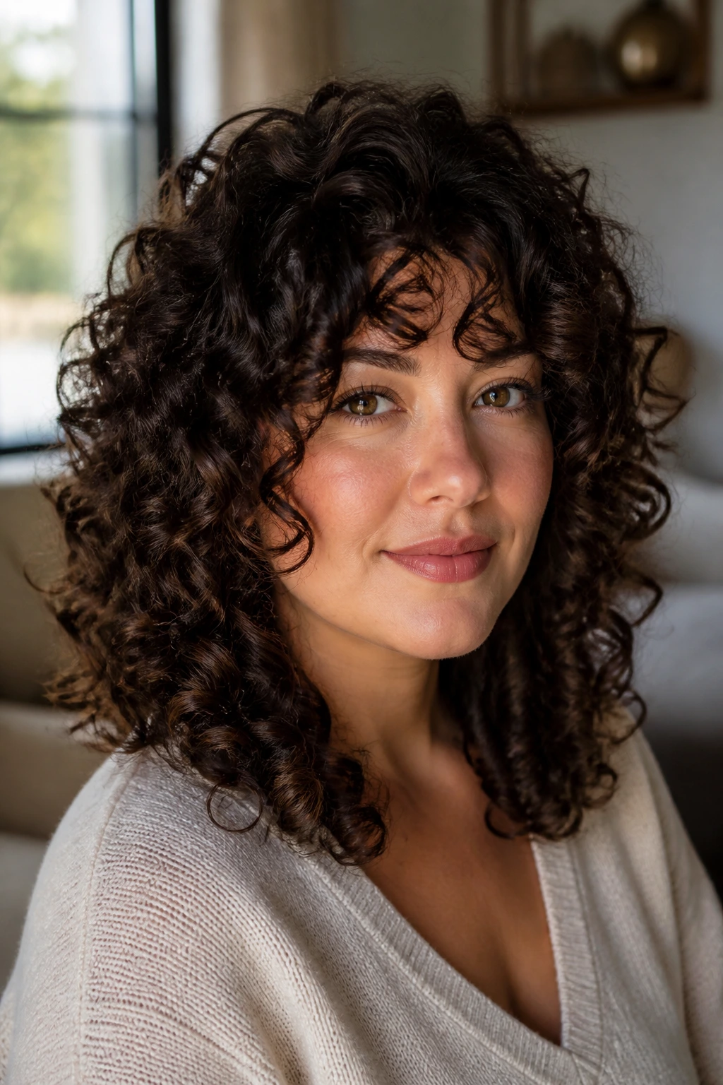 Close-up of curly hair with lifted layers around the face