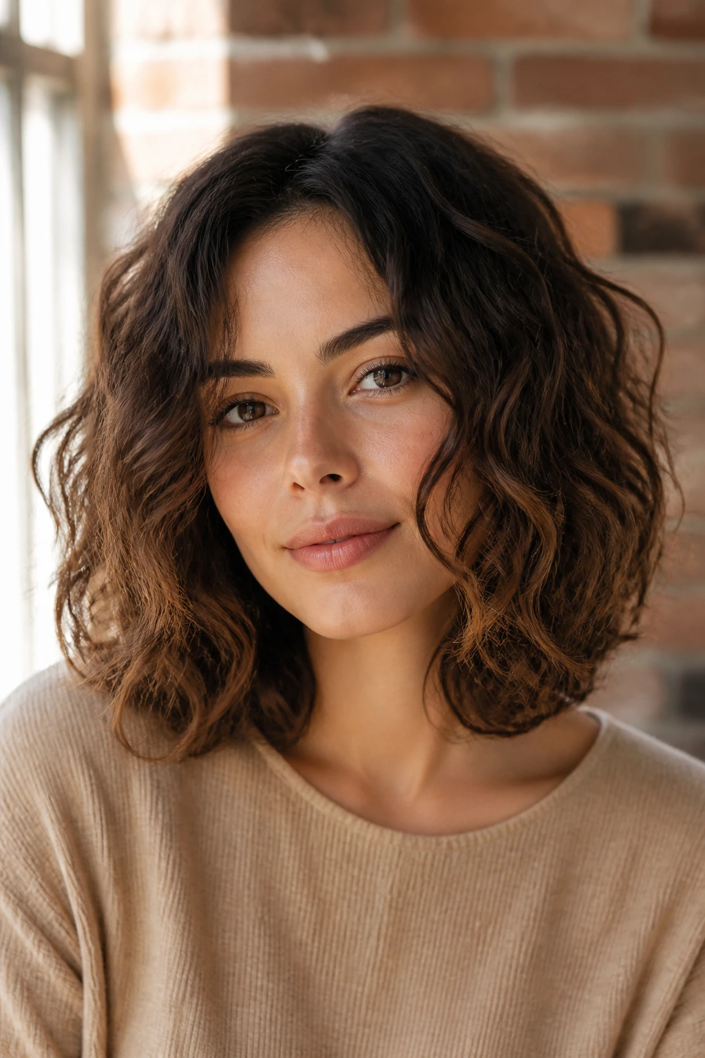 Portrait of a woman with a shoulder-length curly lob in a cafe setting