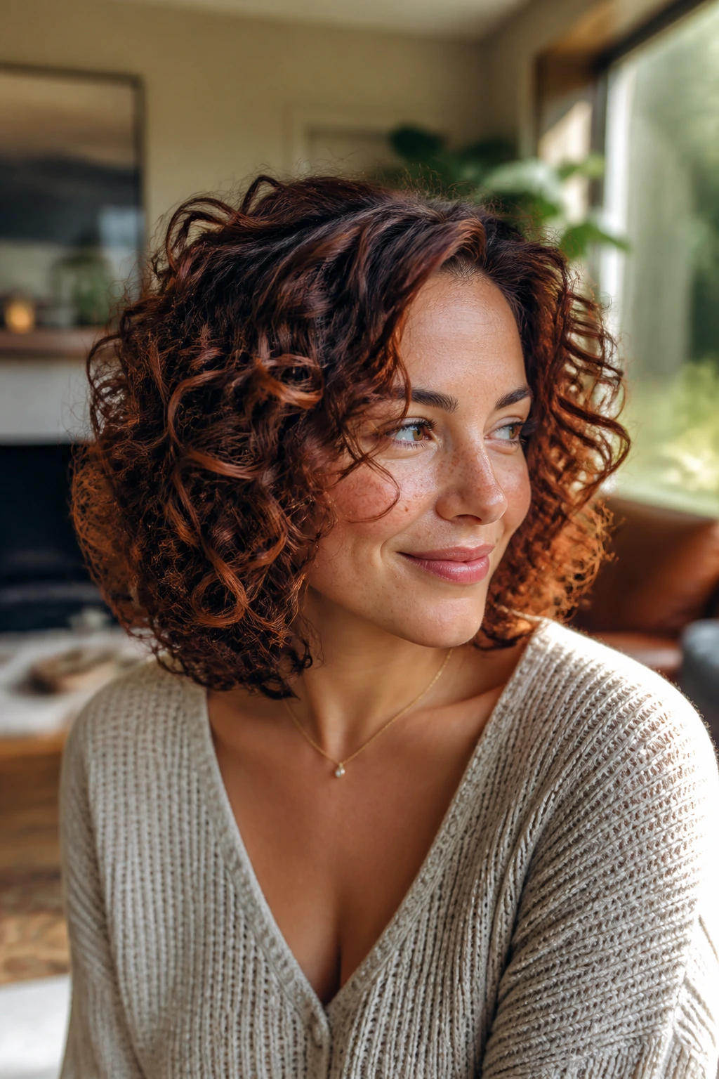 Close-up of curly rounded lob hairstyle with auburn glow on a real person