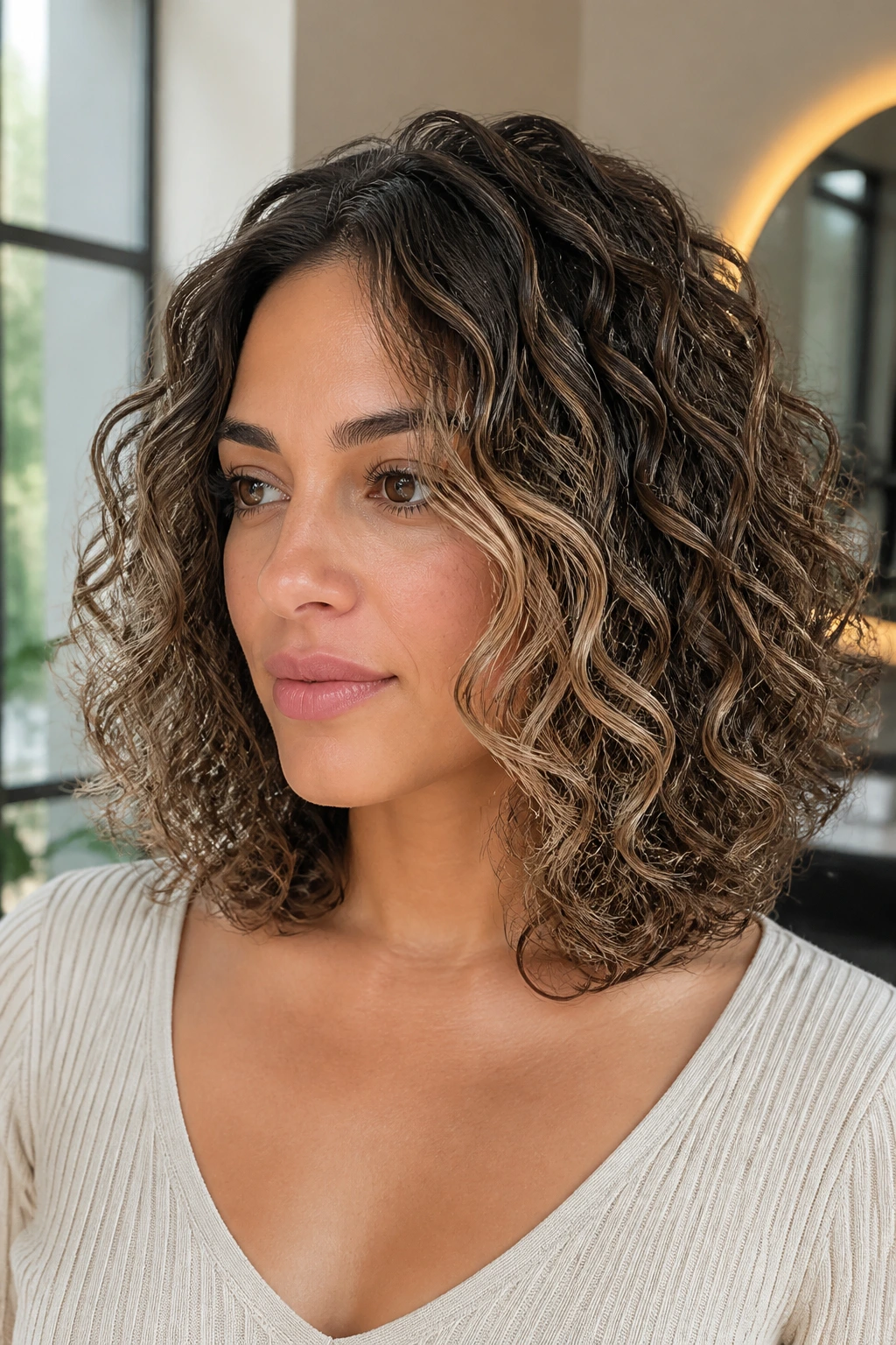 Close-up of a real person with shoulder-length curly lob and face-framing babylights.