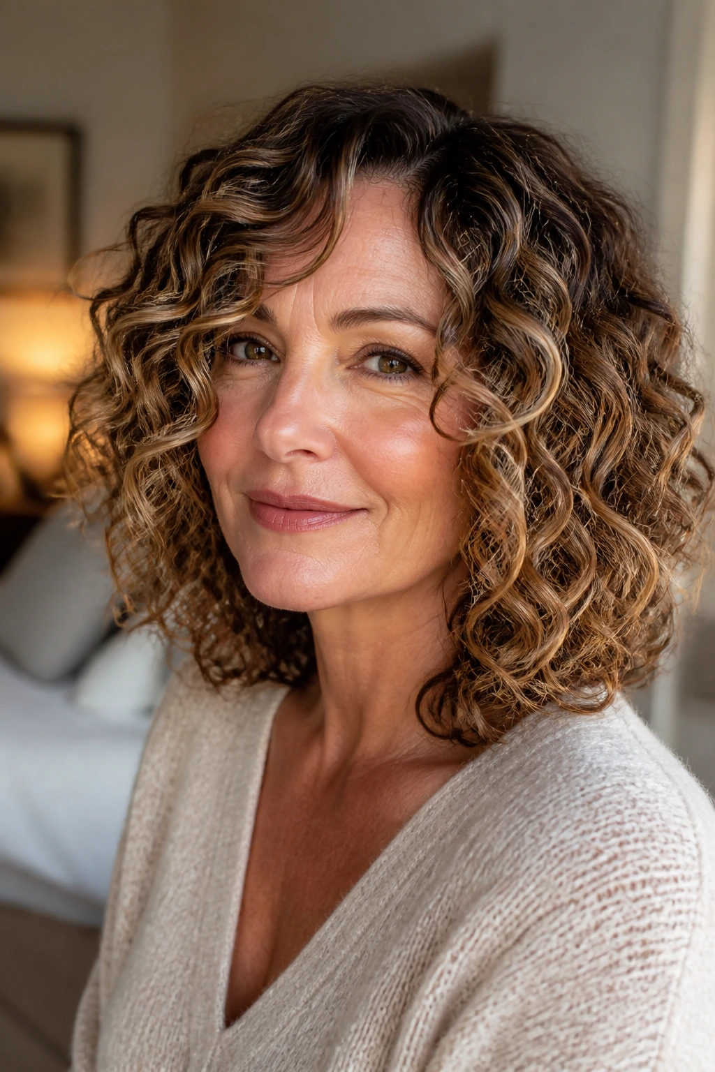Close-up of a woman with curly lob and honeyed babylights around the face