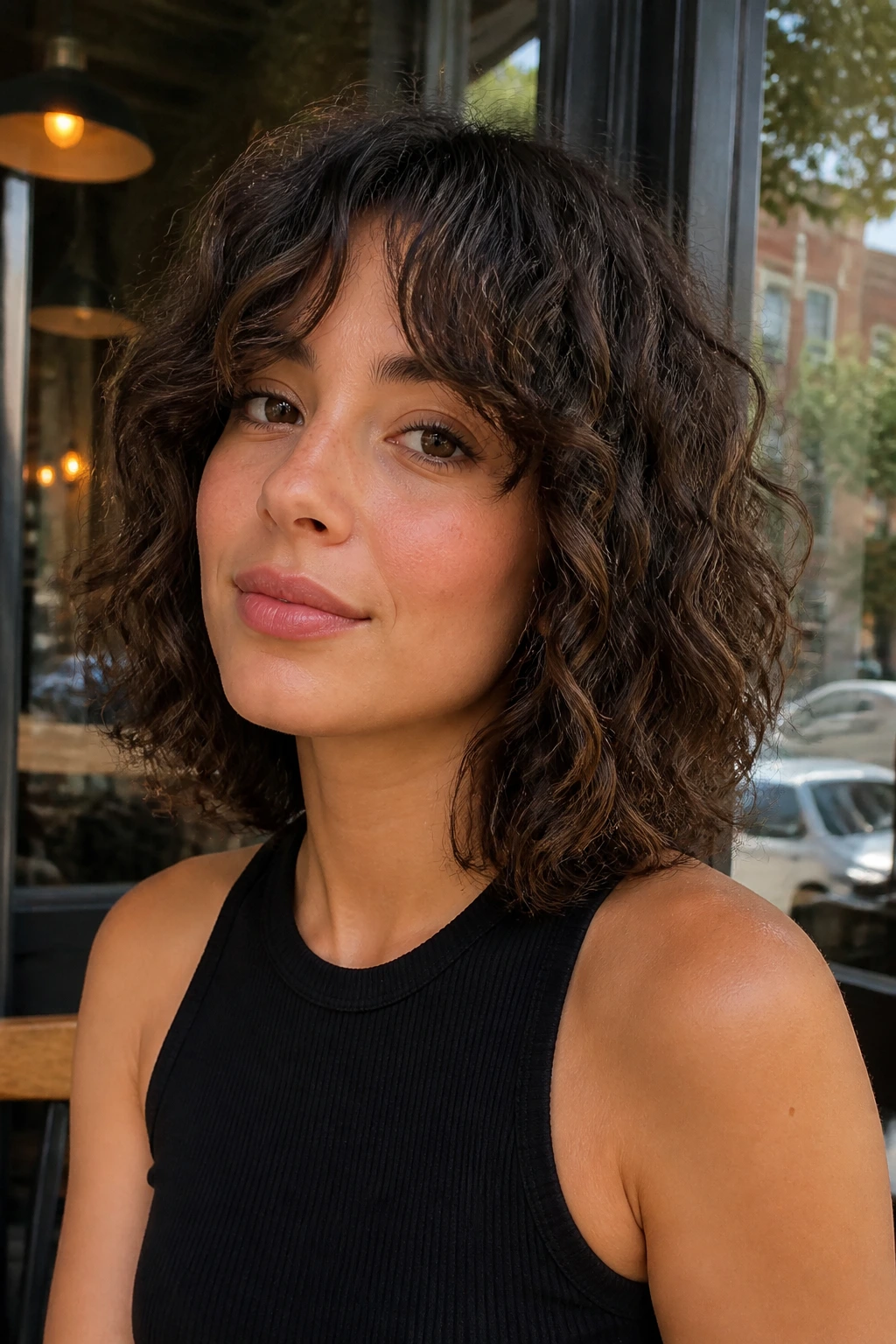 Close-up of a real woman with curly lob and curtain bangs in a cafe setting