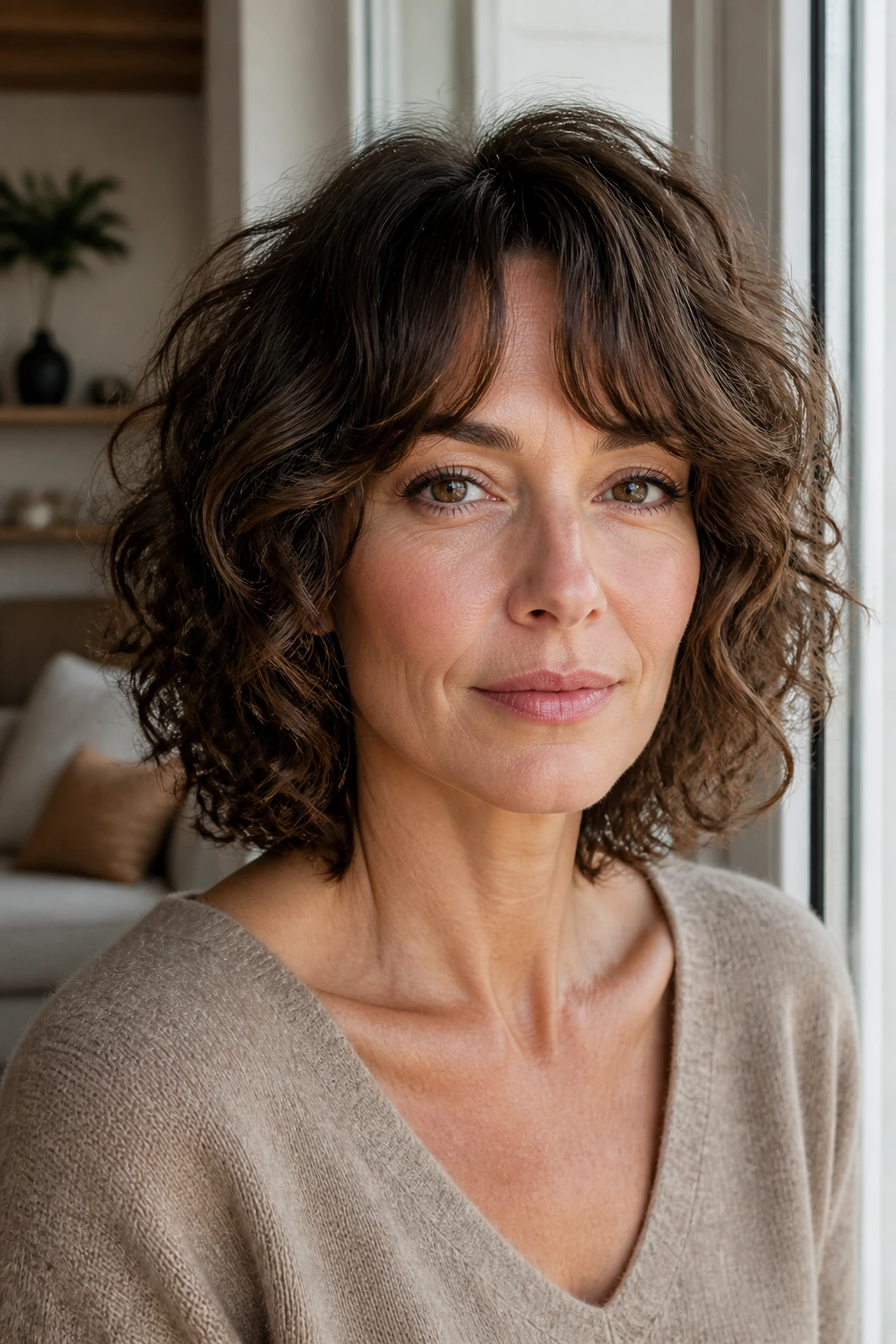Real woman with curly lob and soft open bangs in natural light