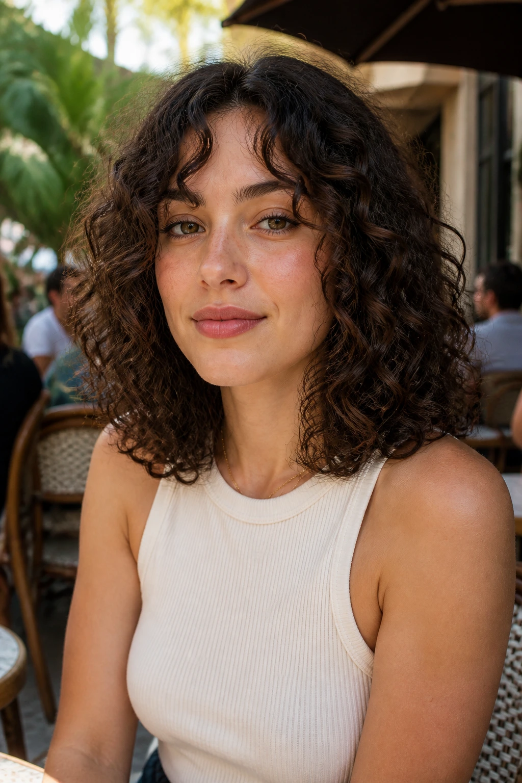 Real woman with curly lob haircut ending at collarbone