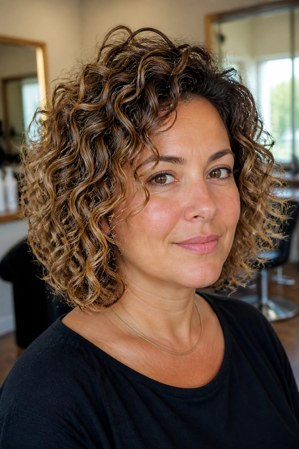Close-up of a woman with curly lob and crown lift showing voluminous curls below chin