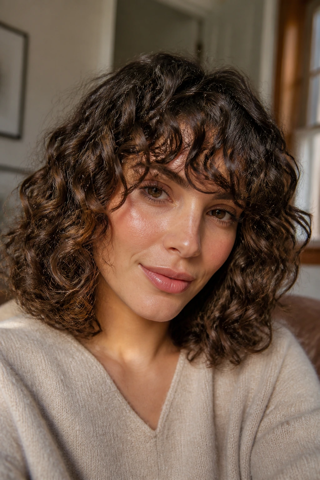 Portrait of a real woman with curly lob and curly fringe in warm natural light
