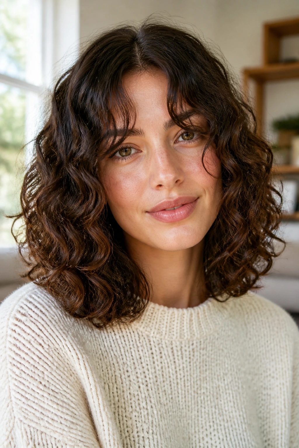Portrait of a woman with curly lob, curtain bangs, center part