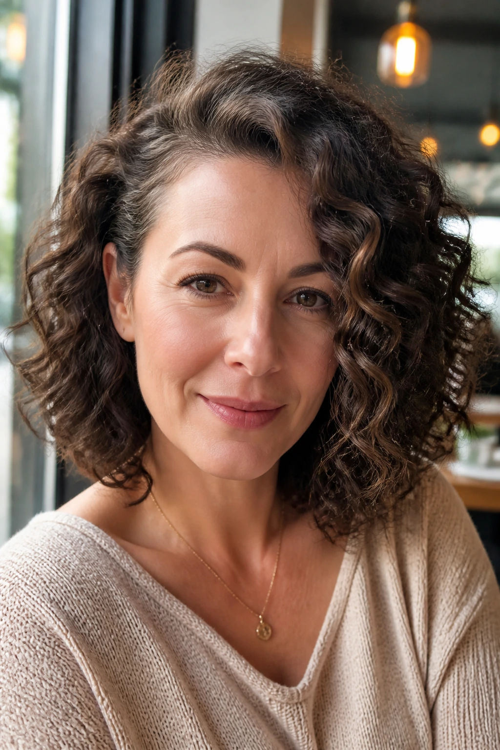 Portrait of a real woman with a curly lob and deep side part in cafe window light