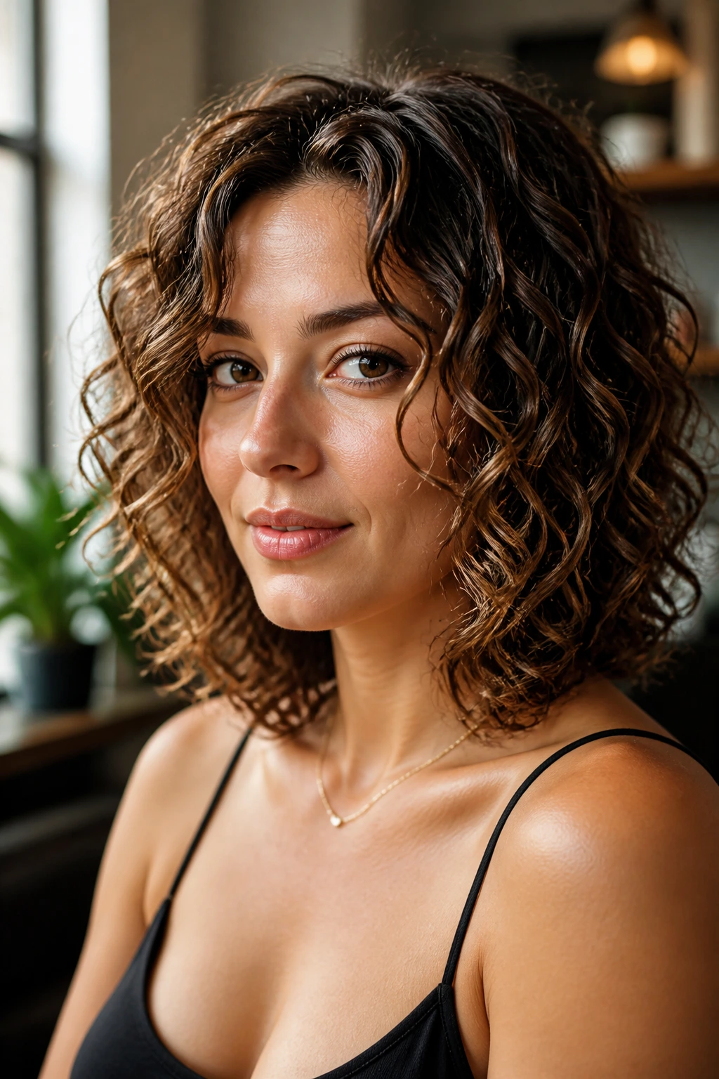 Close-up of a curly lob with cheekbone-skimming face-framing layers