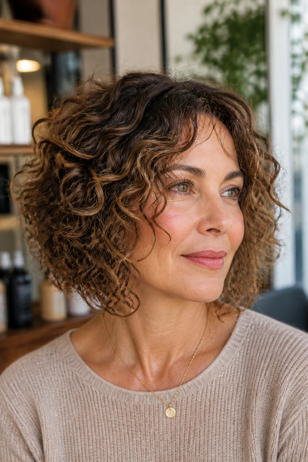 Close-up of a real woman with a curly lob and long face-framing layers in warm salon light