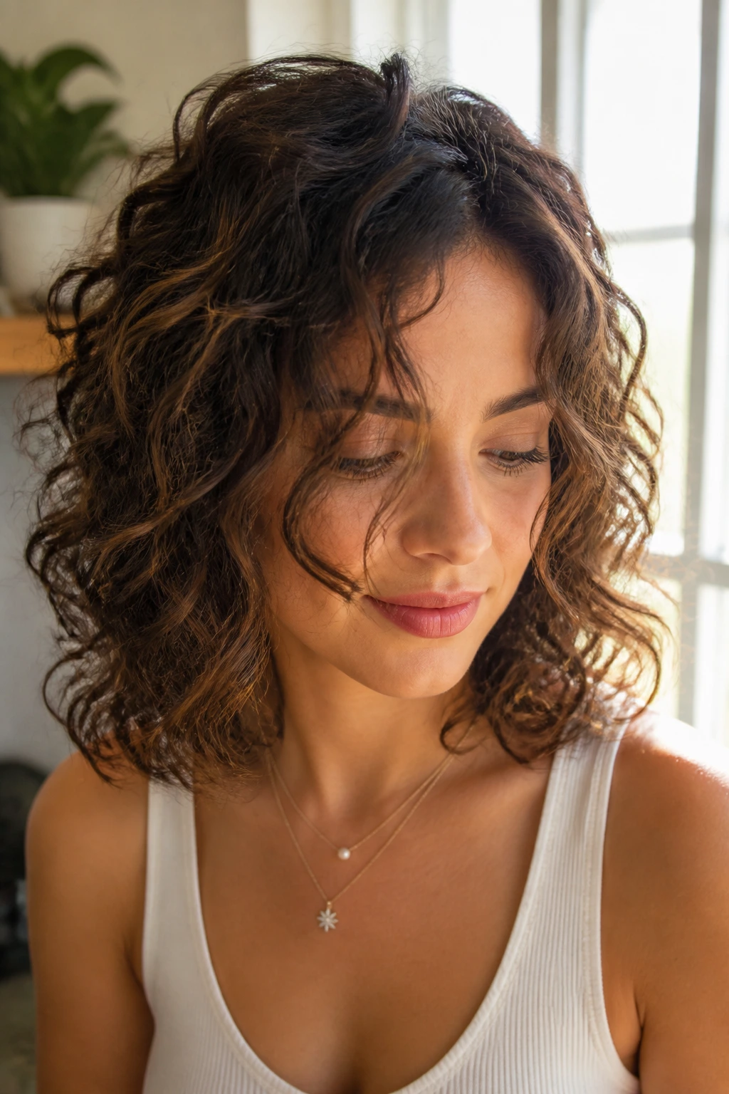 Portrait of soft curly lob with face-framing pieces on a real person