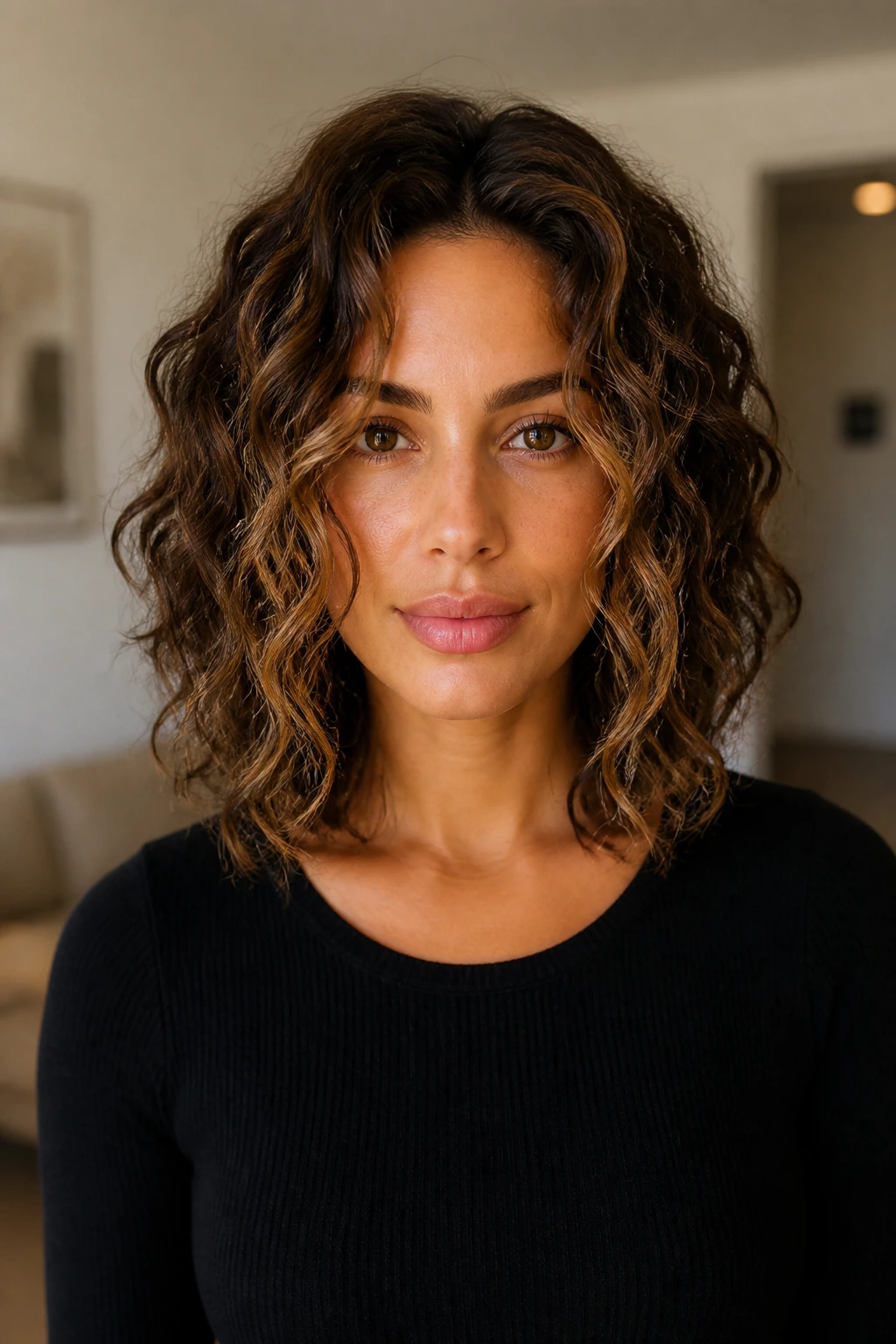 Front view of a real woman with curly lob and face-framing pieces framing the face