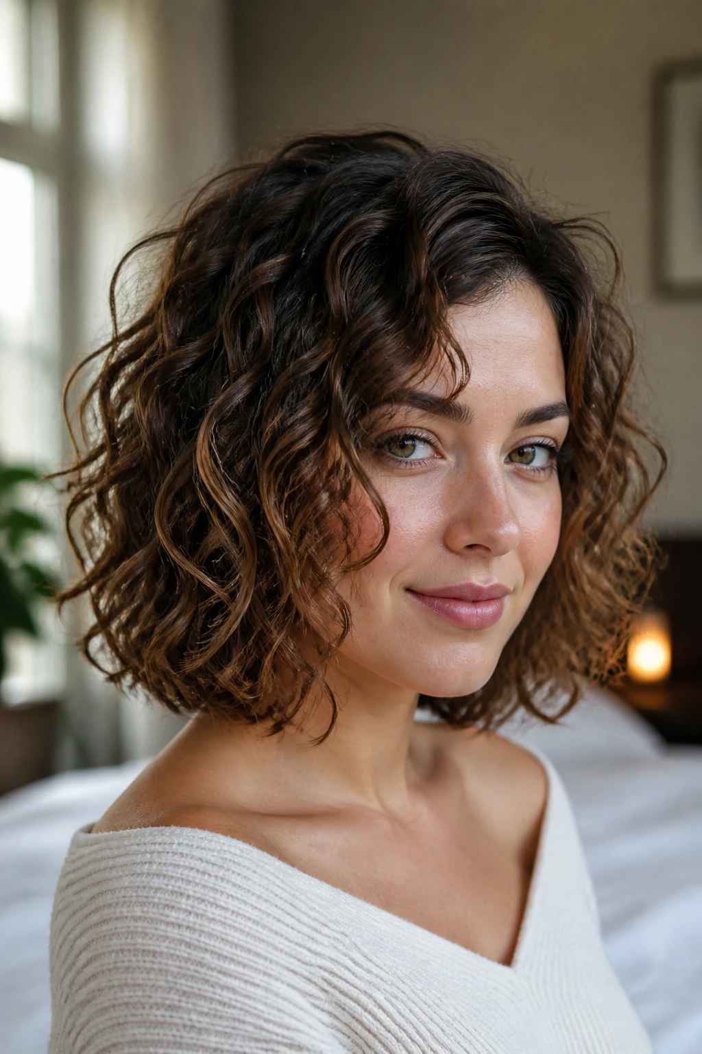 Close-up of a real woman with a fine curly lob occupying the frame in soft window light