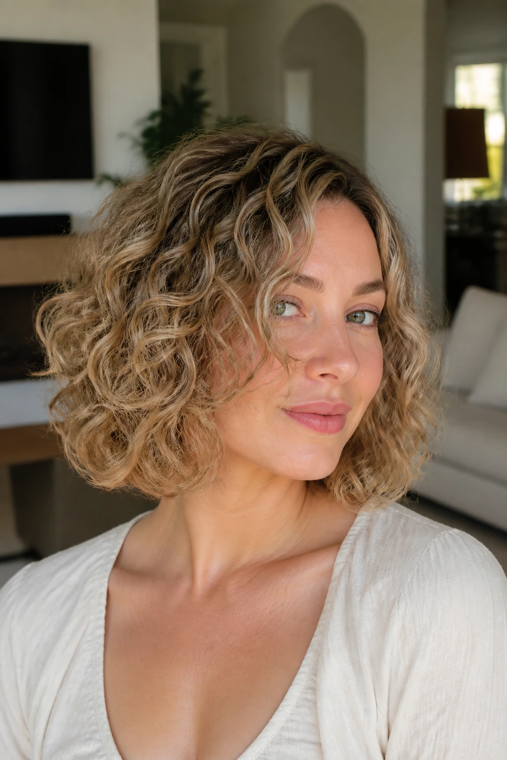 Real woman with curly lob showing varied curl patterns