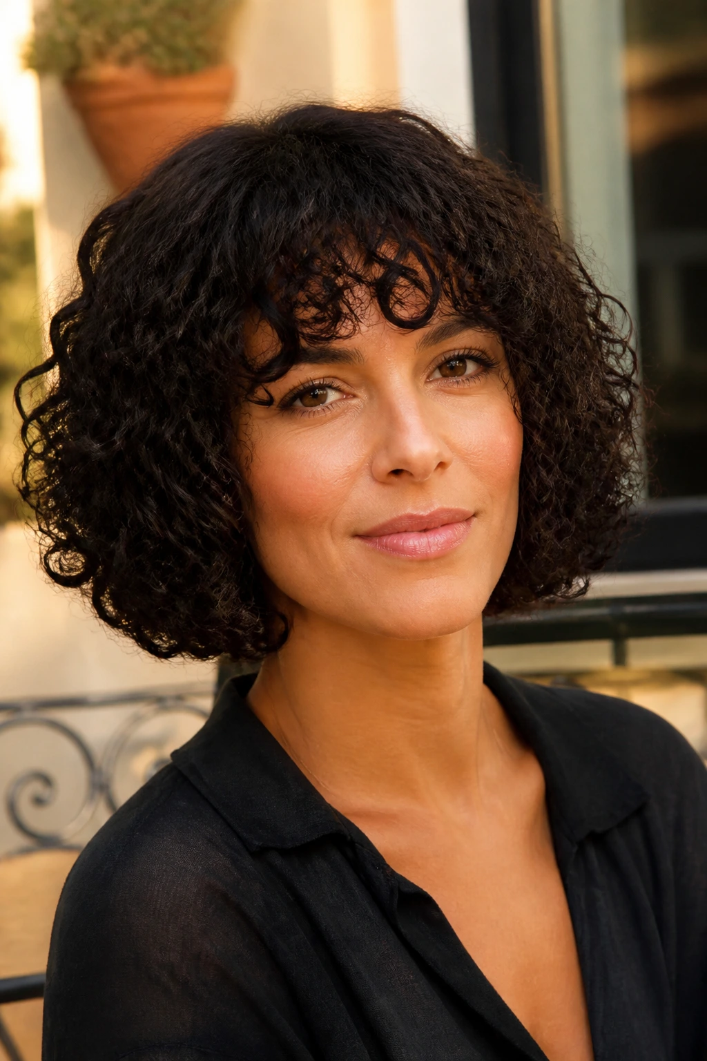 Close-up of a real woman with curly long bob and fringe, curls framing the face.