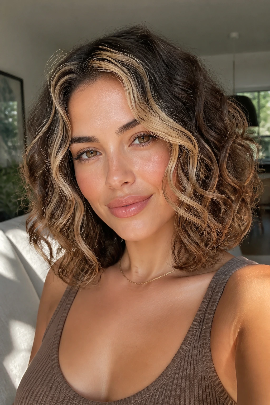 Close-up of real woman with curly lob and lightened front