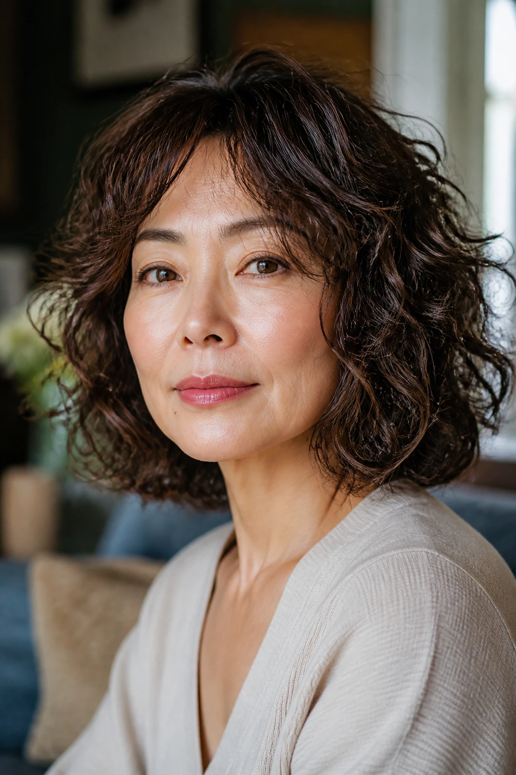 Close-up portrait of a real woman with a curly long bob hairstyle in natural window light