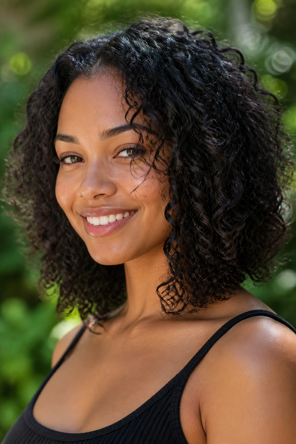 Close-up portrait of a real woman with a curly lob featuring long internal layers and defined curls.