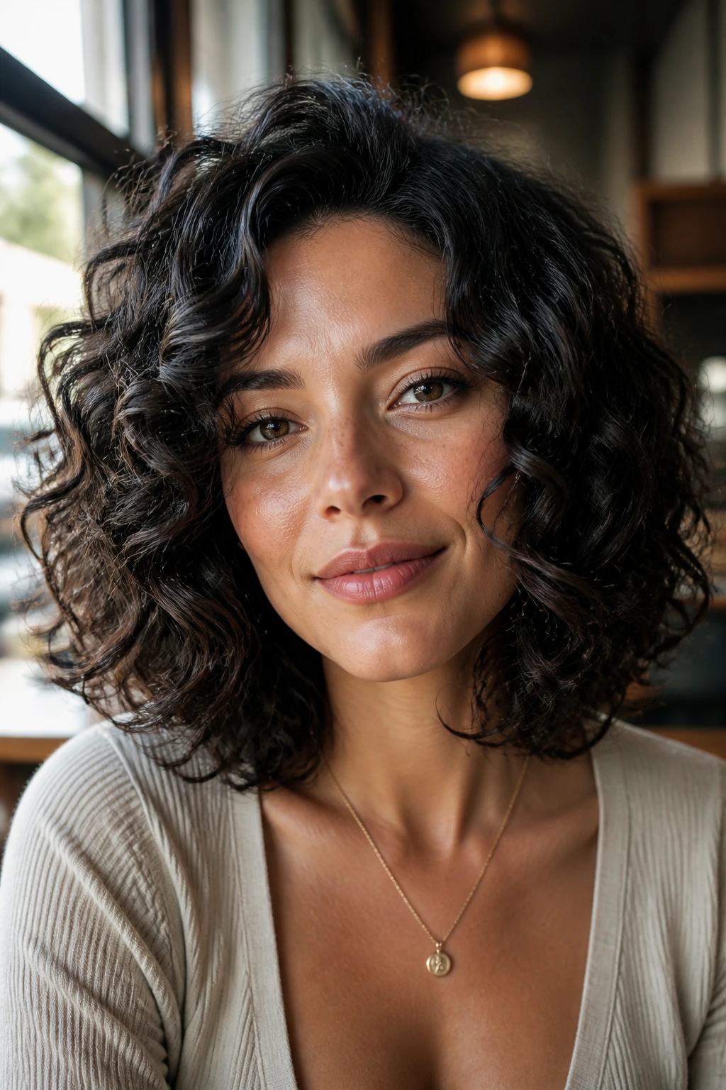 Real woman with Curly Lob and invisible layers in warm daylight