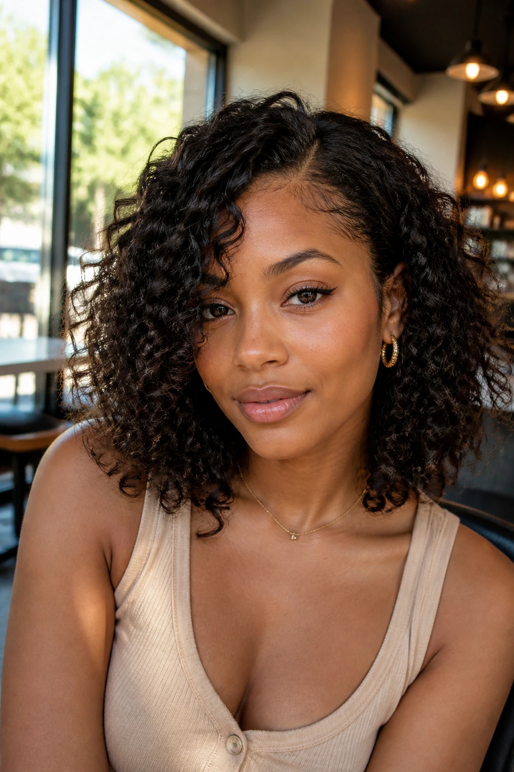 Woman with a curly lob and invisible layers, side-parted curls