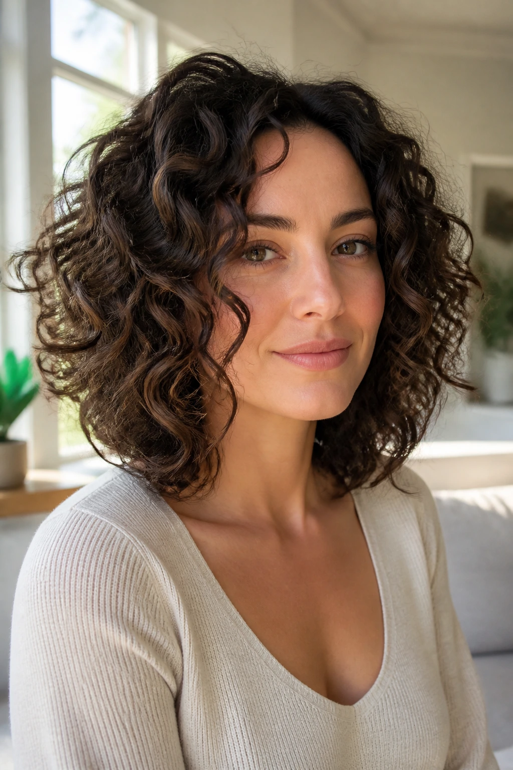Real person with jaw-softening curly lob in soft natural light