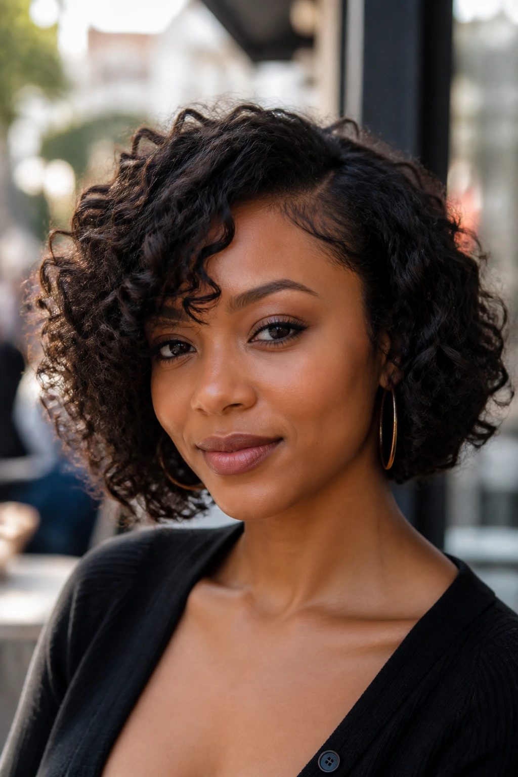 Real woman with curly lob at jawline, side-parted