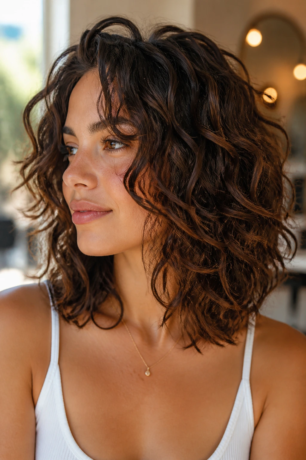 Close-up of a real woman with shoulder-length curly lob and long layers