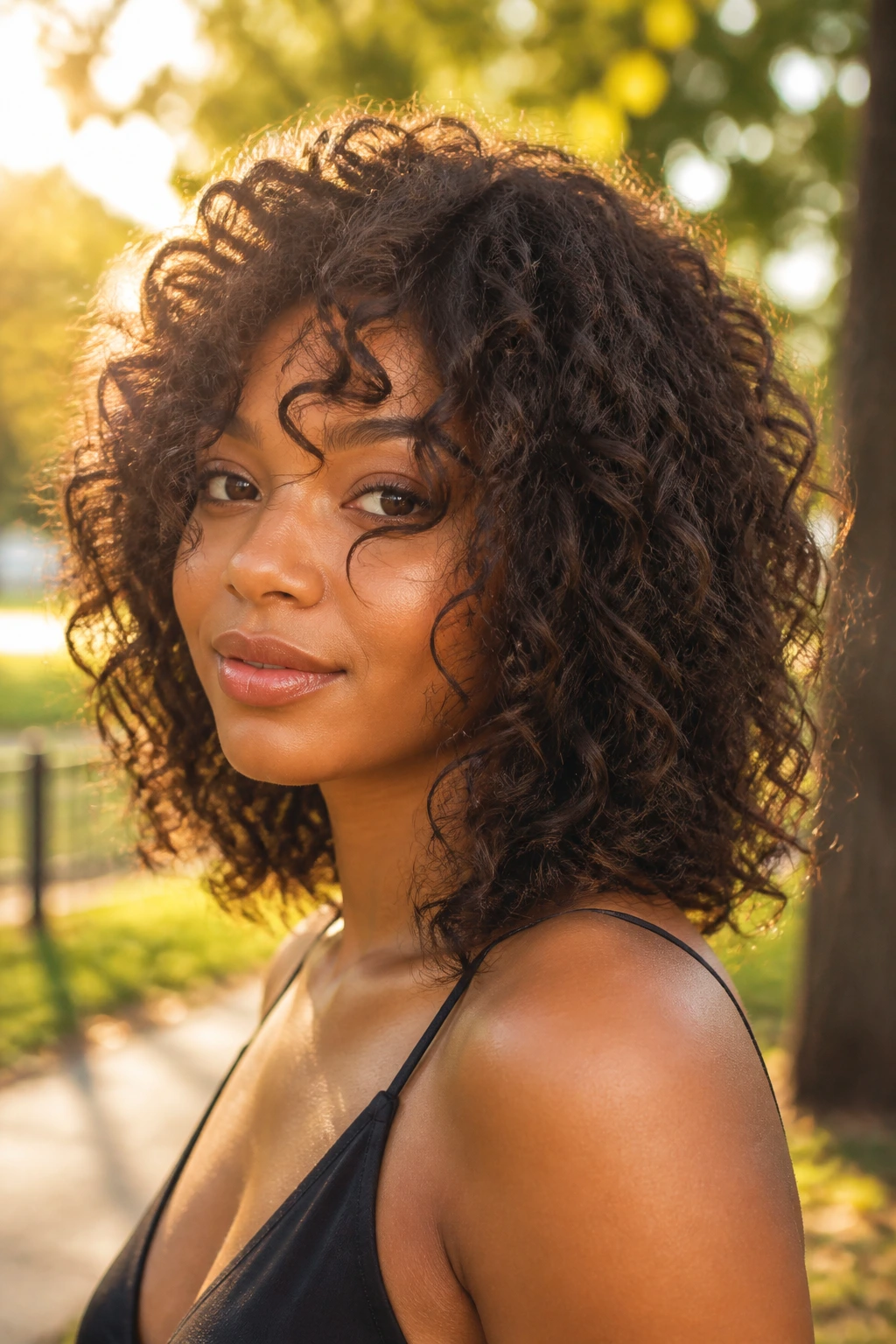 Close-up of a real woman with a curly lob and long interior layers in golden hour light