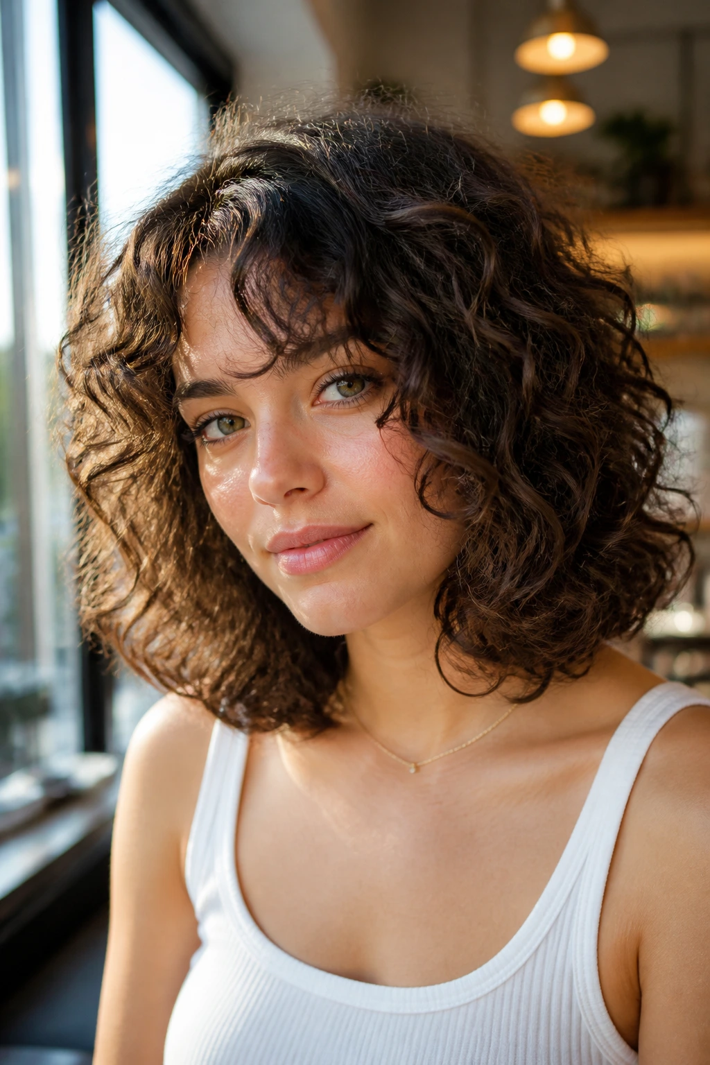 Close-up of a real woman with curly lob and soft long layers framing the face in natural light
