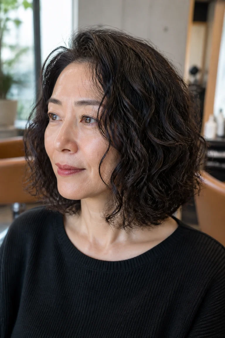 22 Japanese Long Bobs for Women Over 50 with Curly Hair