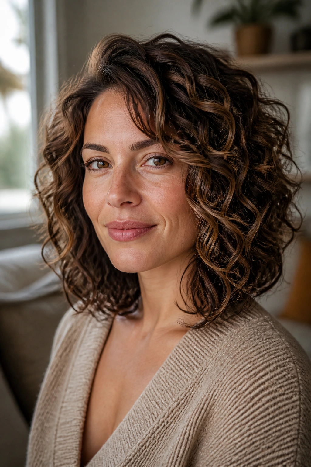 Close-up portrait of a real woman with Curly Mocha Lob showing mocha lowlights