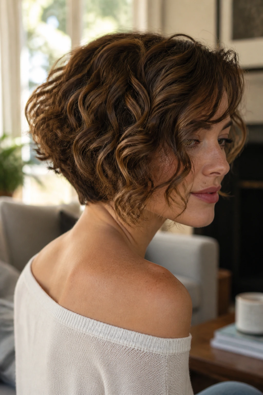 Close-up portrait of a woman with a curly lob and shaped nape, front curls sweeping toward the cheek.