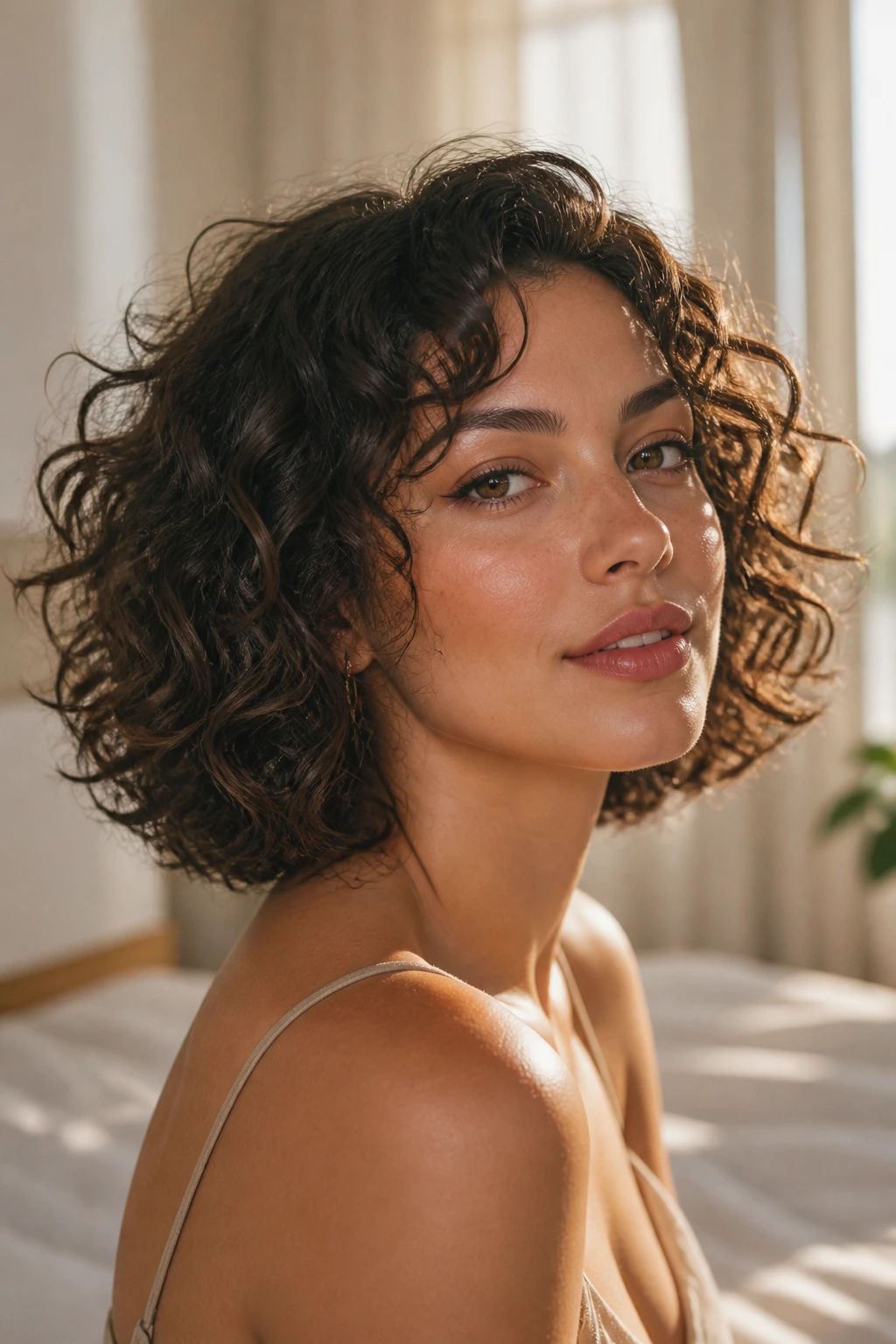 Close-up of a real woman with a curly lob on an oval face under warm natural light