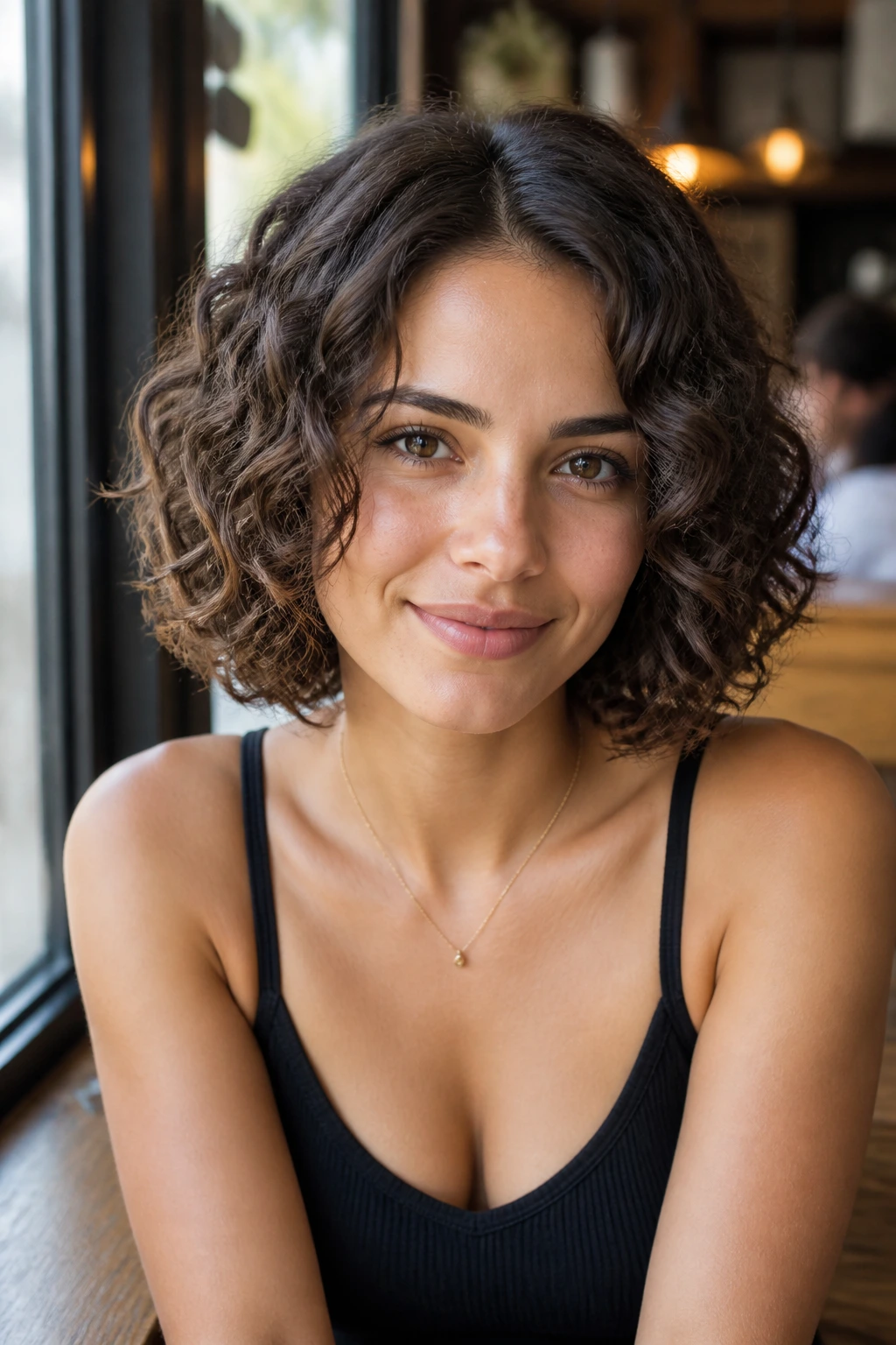 Close-up of a real woman with Curly Lob for Oval Faces and a center part