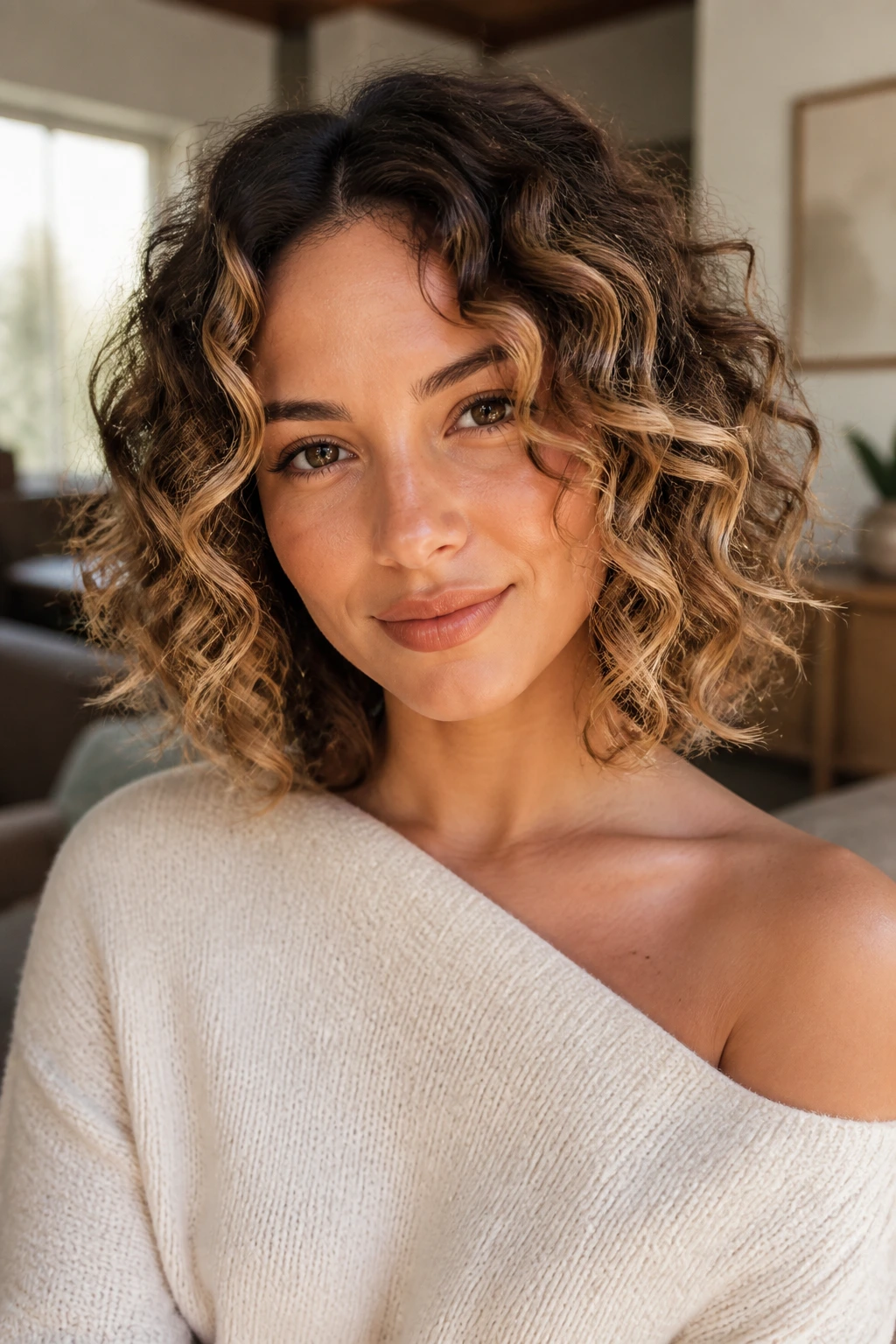 Close-up of curly-lob variation on a real person with curl-following front highlights
