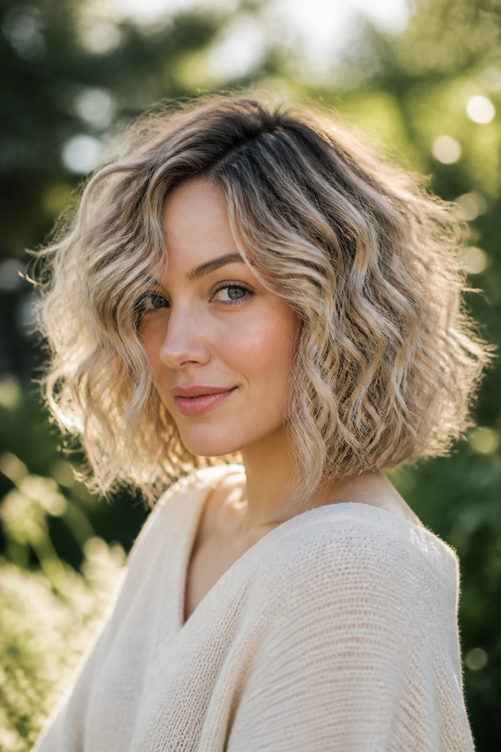 Close-up of a real woman with curly lob and root shadow, ash blonde with dark roots