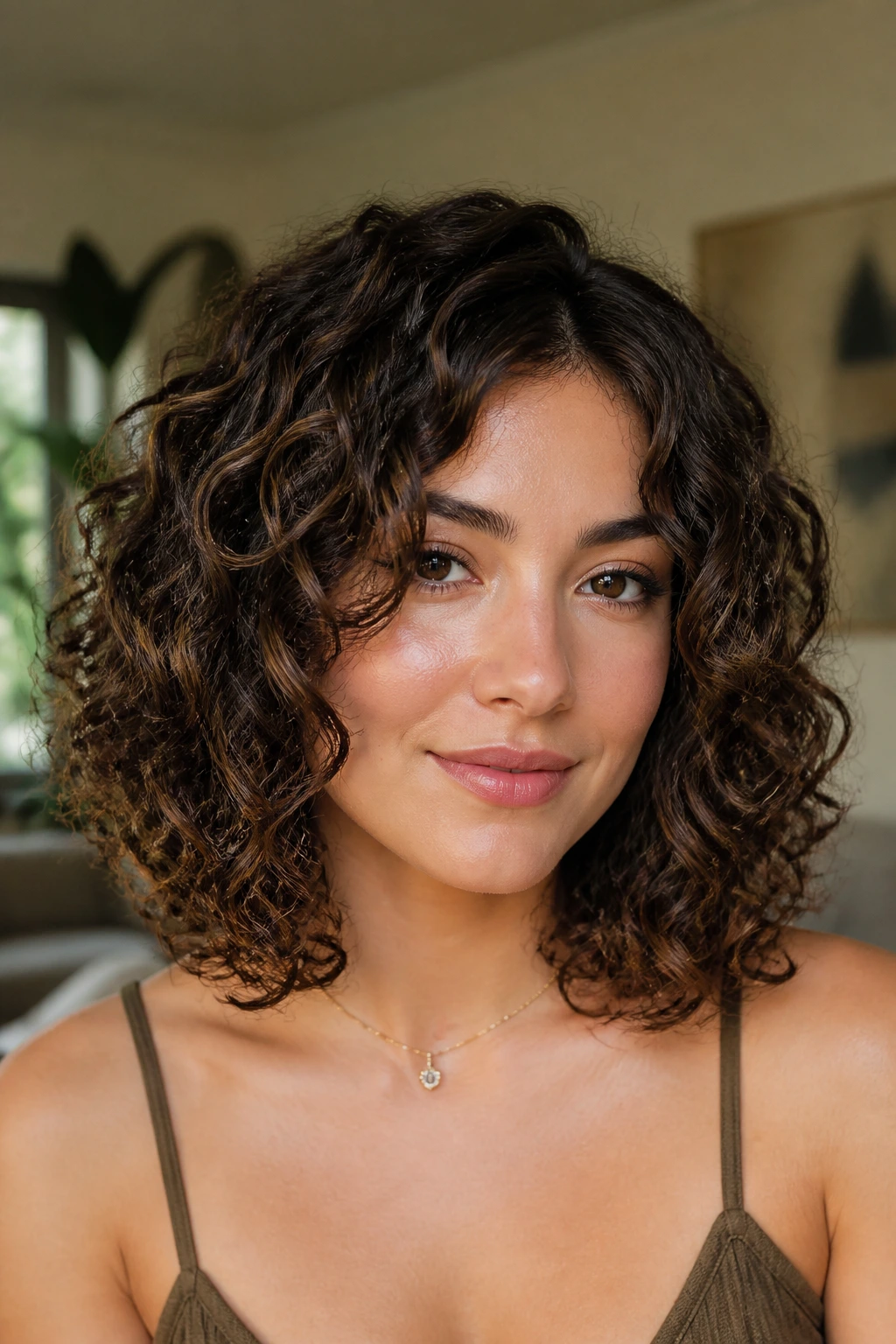 Close-up of a real woman with a curly lob that frames the cheeks in natural window light