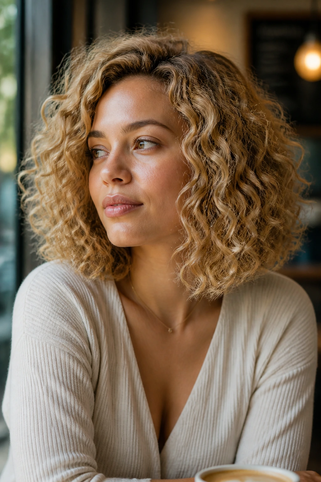 Portrait of a real woman with chin-to-collarbone curly lob in daylight