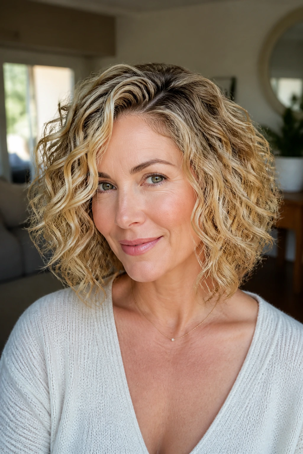 Close-up of a real woman with a balanced blonde curly lob showing shape and lift