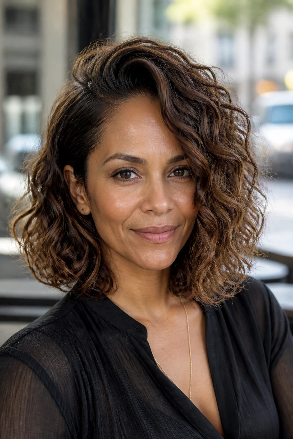 Close-up of a real woman with a side-parted curly lob and lifted roots.