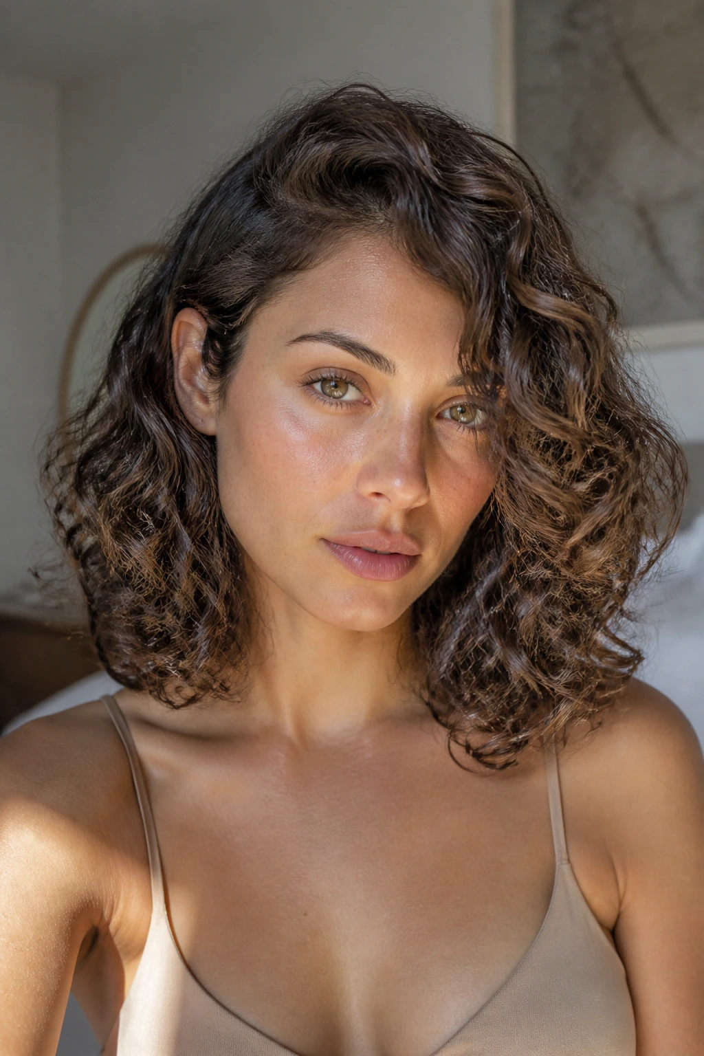Close-up portrait of a person with a shoulder-length curly lob and side part