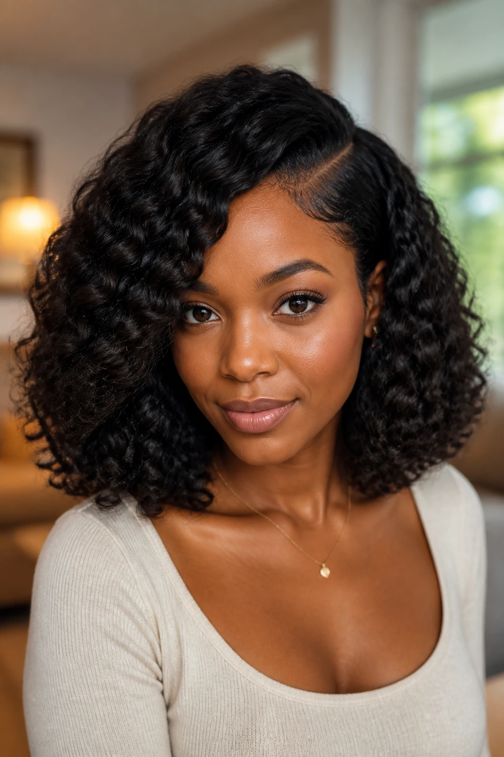 Close-up of a real Black woman with shoulder-length curly lob and a deep side part.