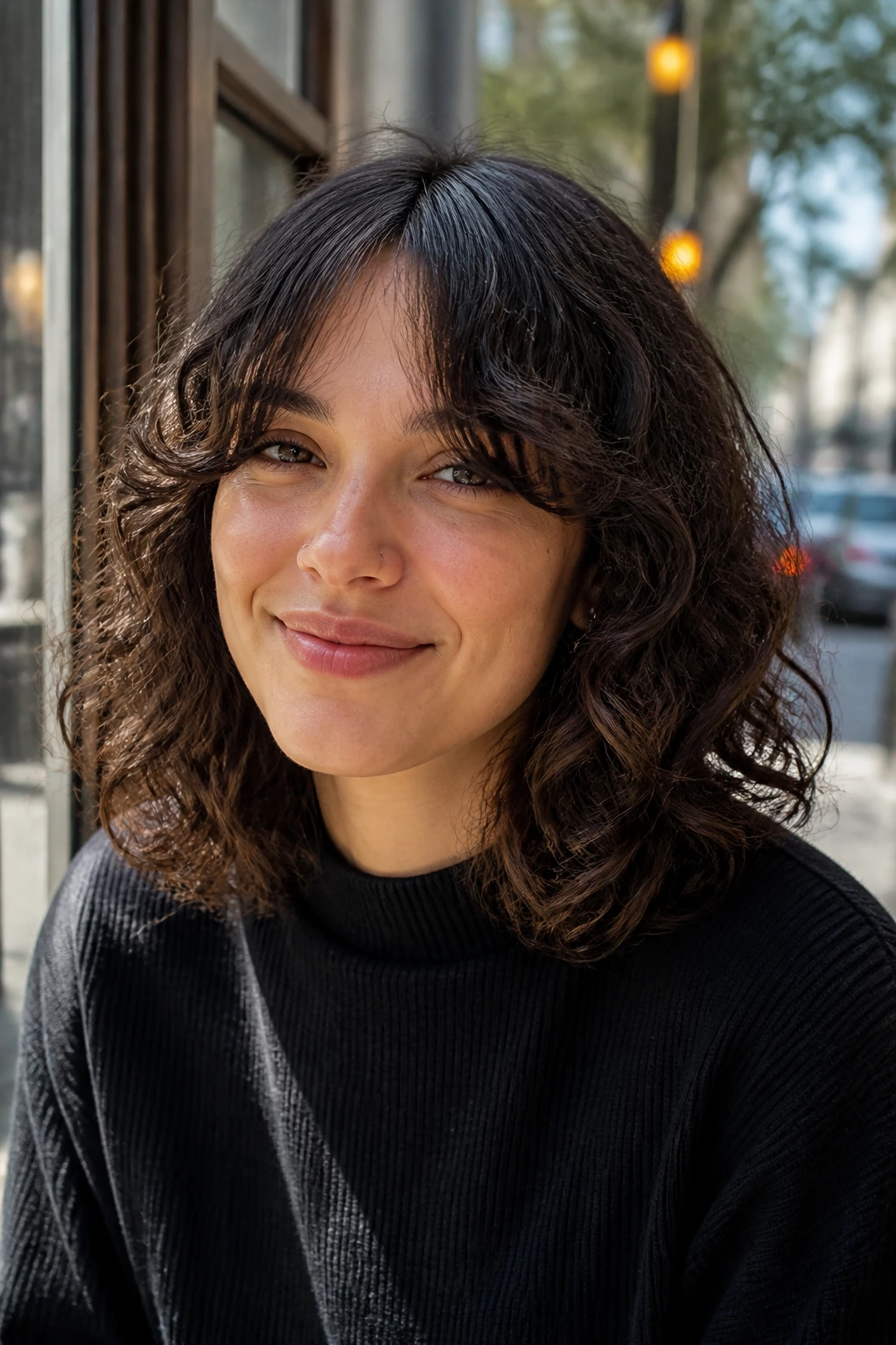 Close-up of real woman with curly lob and split bangs in daylight at a cafe
