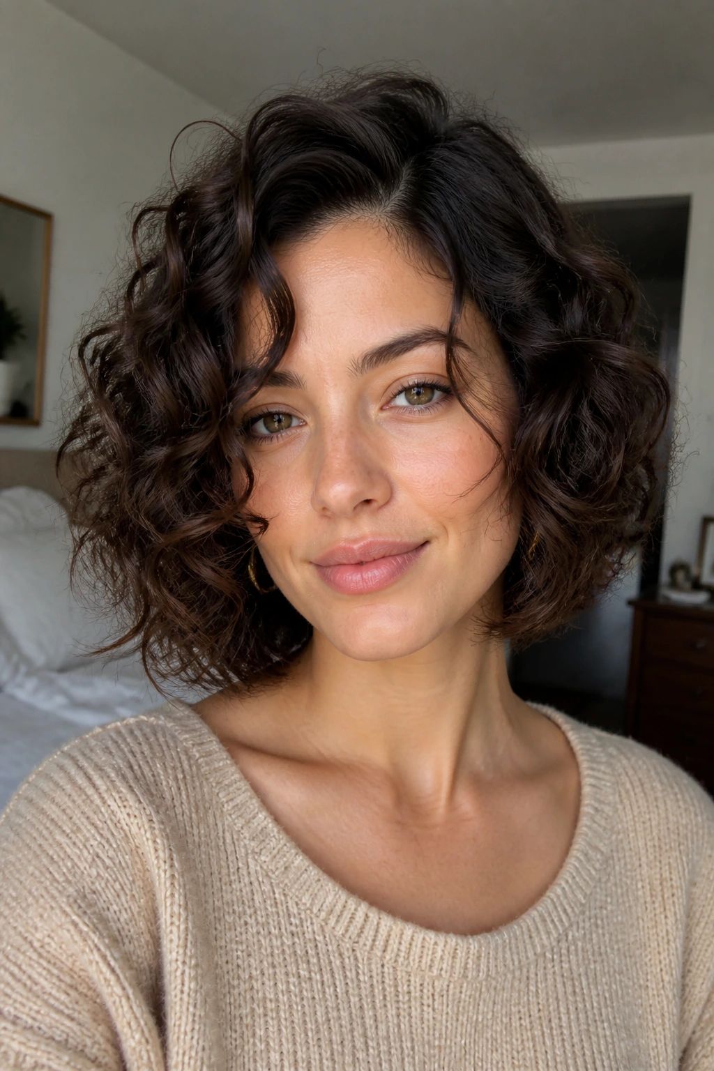 Close-up of a real woman with Curly Lob for Square Faces softening a square jawline