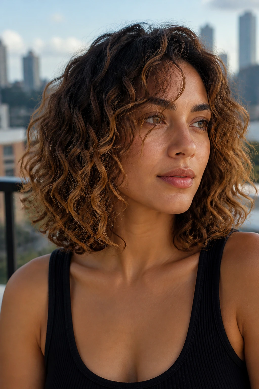 Close-up of a real person with a curly lob, invisible layers and warm caramel stripes