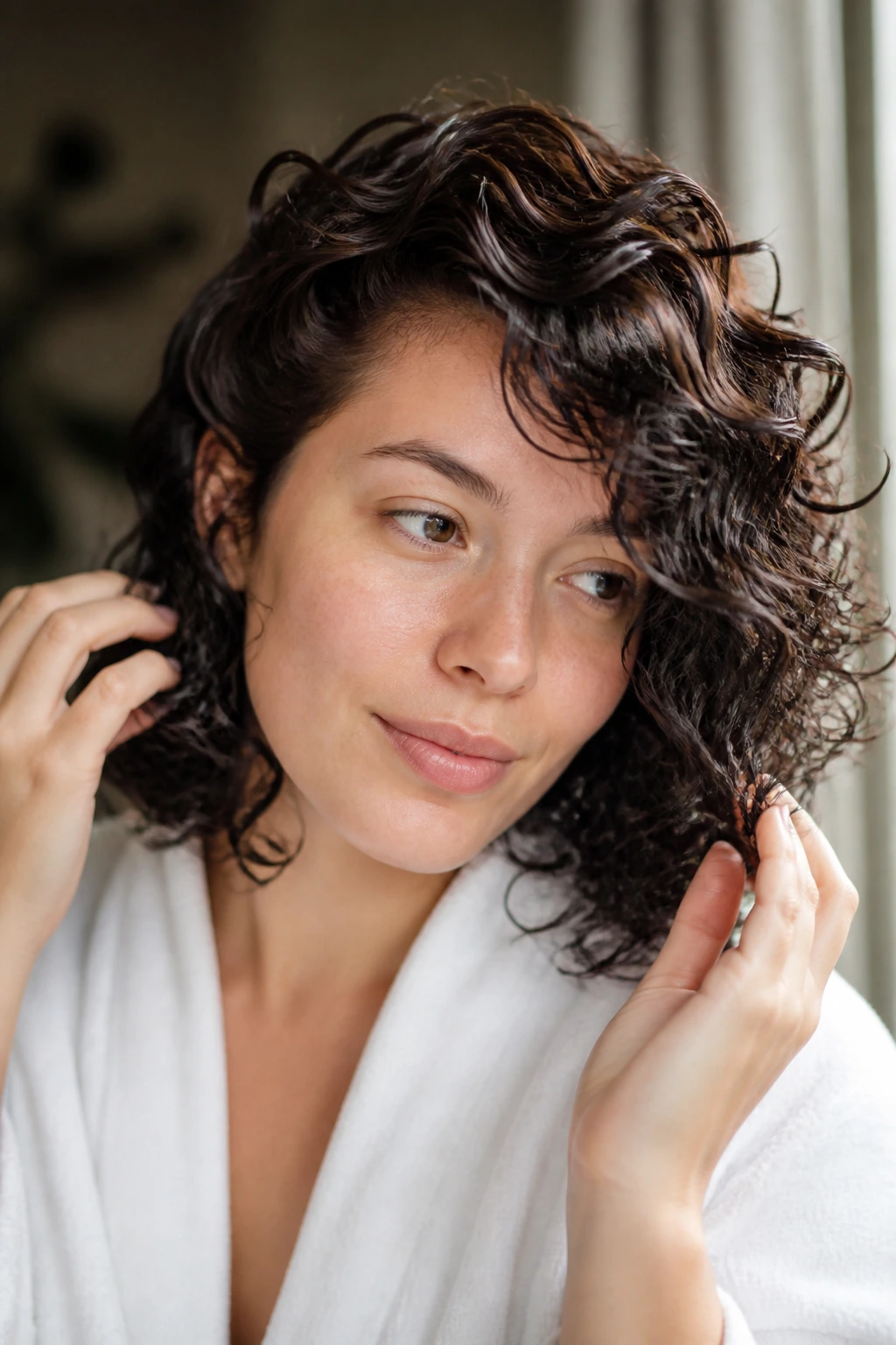 Real woman with damp curly lob styled to sweep to the side