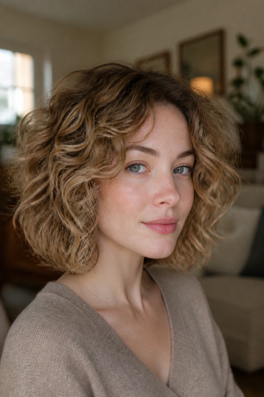 Real woman with curly lob and tapered layers portrait