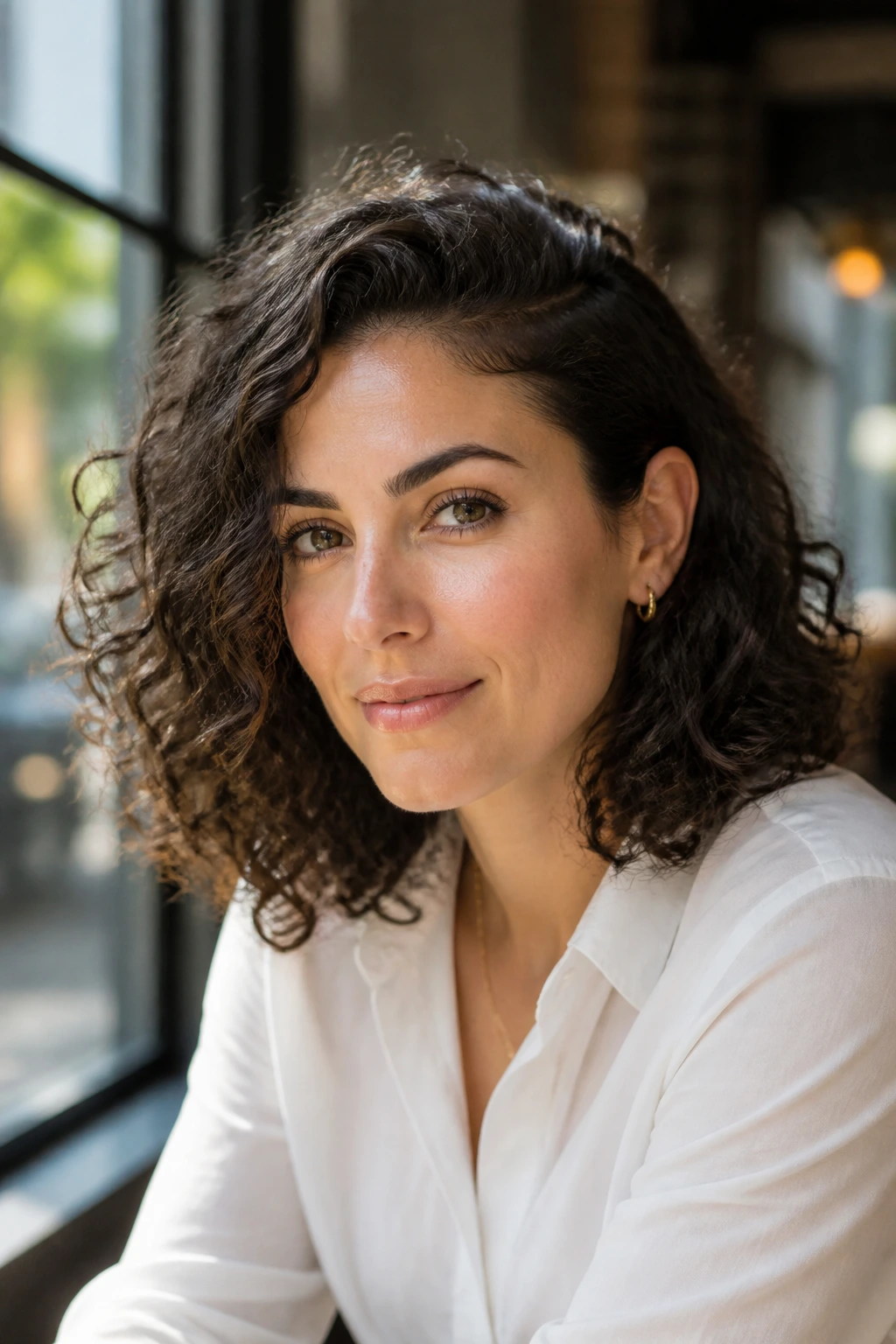 Portrait of a real woman with a curly lob tucked behind the ear